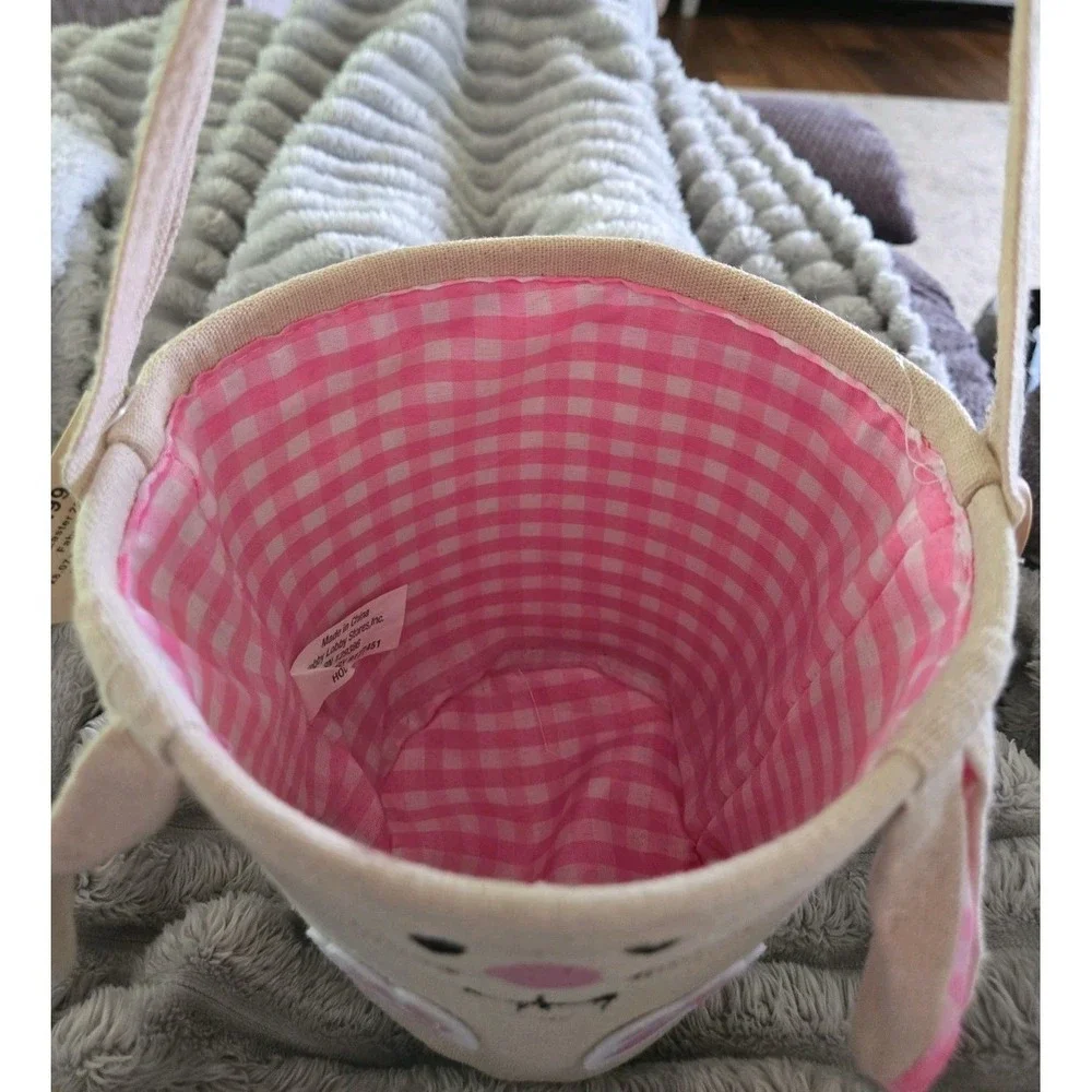 Easter Bunny Basket Burlap Canvas Tote Bag Pink‎ Gingham Lining Floppy Ears NWT
